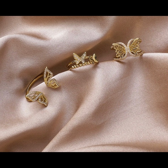 JUST IN!! Rings, Butterfly, Goldtone, Indiv. Adjus., Sparkly & Shiny, C.Z. - Picture 2 of 5